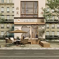Traditional Urban Storefront With Glass Windows Chinese Signboard Outdoor Seating And Green Plants