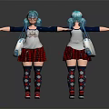 Blue Haired Girl Character With Animal Pattern T Shirt Red Plaid Skirt And White Bag