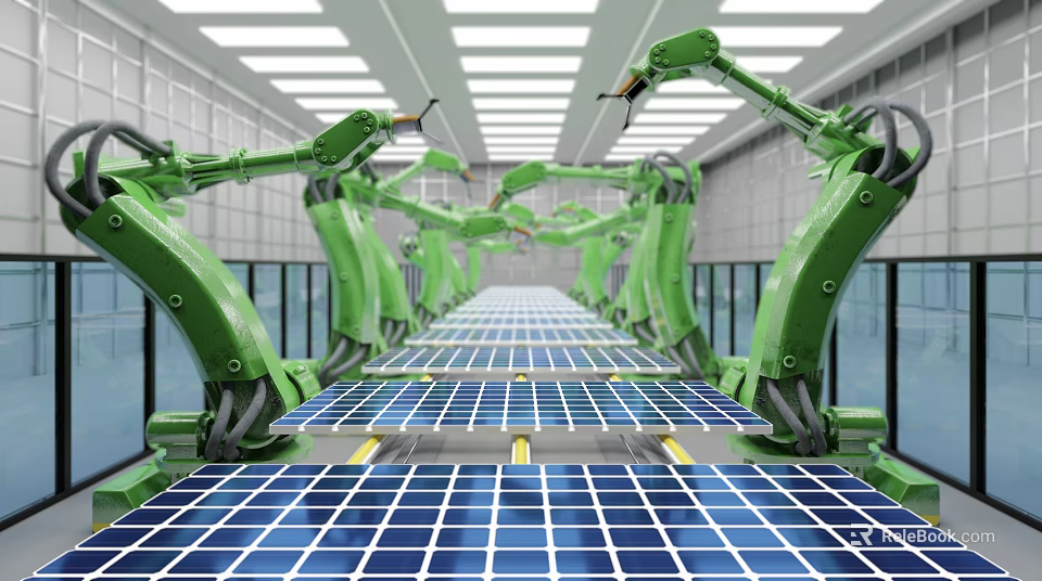 Green Robotic Arms Processing Solar Panels In Modern Factory Production Line 3d model 