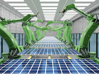 Green Robotic Arms Processing Solar Panels In Modern Factory Production Line 3d model