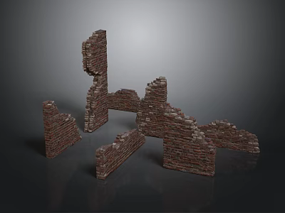 Ruined Red Brick Building Structure With Fragmented Walls And Broken Sections 3d model