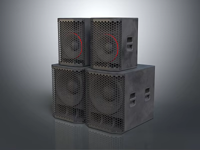Four Stacked Gray Speakers With Mesh Front Panels Red Speaker Cones And Side Vents 3d model