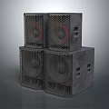Four Stacked Gray Speakers With Mesh Front Panels Red Speaker Cones And Side Vents