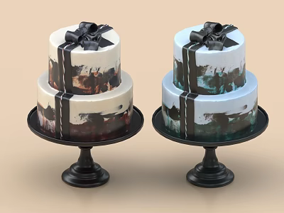 Two Tier Decorative Cakes With Black Bow And Artistic Paint On Cake Stands 3d model