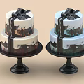 Two Tier Decorative Cakes With Black Bow And Artistic Paint On Cake Stands