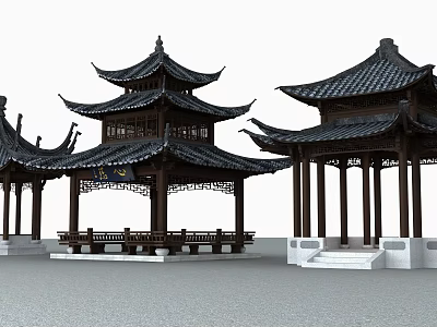 Traditional Chinese Classical Pavilions With Wooden Structure Sloped Roofs And Ornate Eaves 3d model