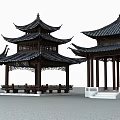 Traditional Chinese Classical Pavilions With Wooden Structure Sloped Roofs And Ornate Eaves