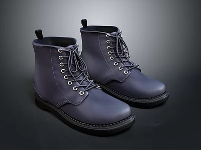 Classic Navy Blue Leather Lace Up Boots With Metal Eyelets And Stitched Soles 3d model