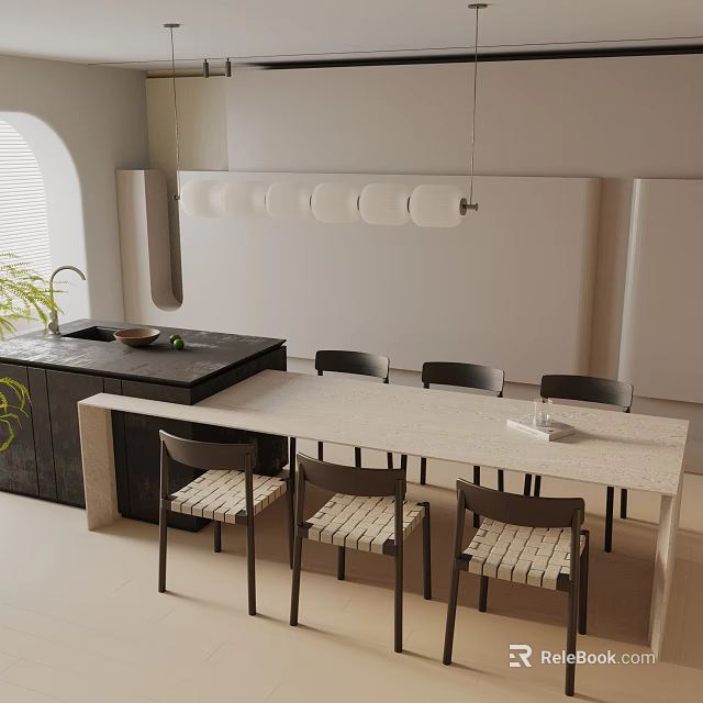 Modern Dining Table Set with Light Colored Table Dark Island Chairs Pendant Lights and Plants 3d model 