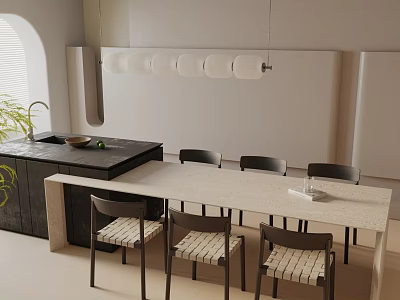 Modern Dining Table Set with Light Colored Table Dark Island Chairs Pendant Lights and Plants 3d model