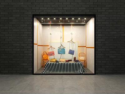 Store Window Display With Hanging Colorful Bags And Black White Striped Tablecloth Wooden Chair 3d model