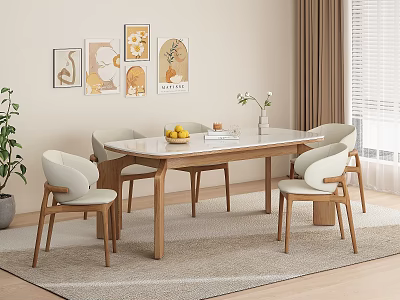 Modern Dining Table Set With Chairs Fruit Book Vase Wall Artworks Green Plant Curtains 3d model
