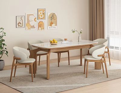 Modern Dining Table Set With Chairs Fruit Book Vase Wall Artworks Green Plant Curtains 3d model