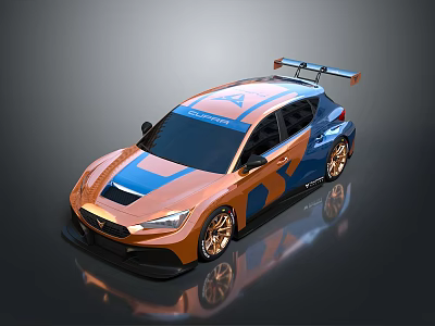 Orange And Blue Sporty Race Car With Rear Spoiler Gold Wheels And Aerodynamic Design 3d model