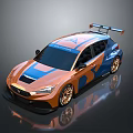 Orange And Blue Sporty Race Car With Rear Spoiler Gold Wheels And Aerodynamic Design