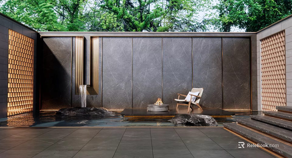 Dark Stone Scenic Wall With Water Pool Fire Pit White Chair And Green Plants Background 3d model 