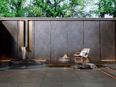 Dark Stone Scenic Wall With Water Pool Fire Pit White Chair And Green Plants Background 3d model
