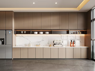 Elegant Modern Sideboard With Wooden Cabinets Marble Countertop Coffee Machine And Dinnerware 3d model
