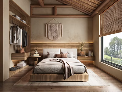 Cozy Hotel Room With Wooden Ceiling Macramé Wall Hanging And Scenic Window View 3d model