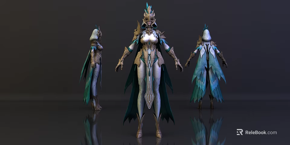 Game Movie Character 3D Model With Elaborate Green White Costume Ornate Headdress And Flowing Cape 3d model 