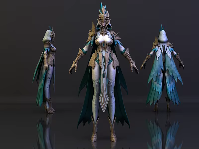 Game Movie Character 3D Model With Elaborate Green White Costume Ornate Headdress And Flowing Cape 3d model