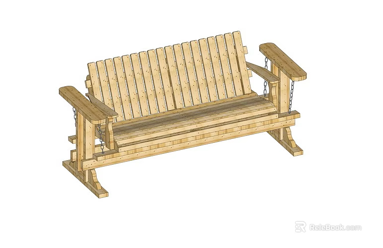 Wooden Outdoor Swing Bench With Slatted Seat Armrests And Chain Details 3d model 