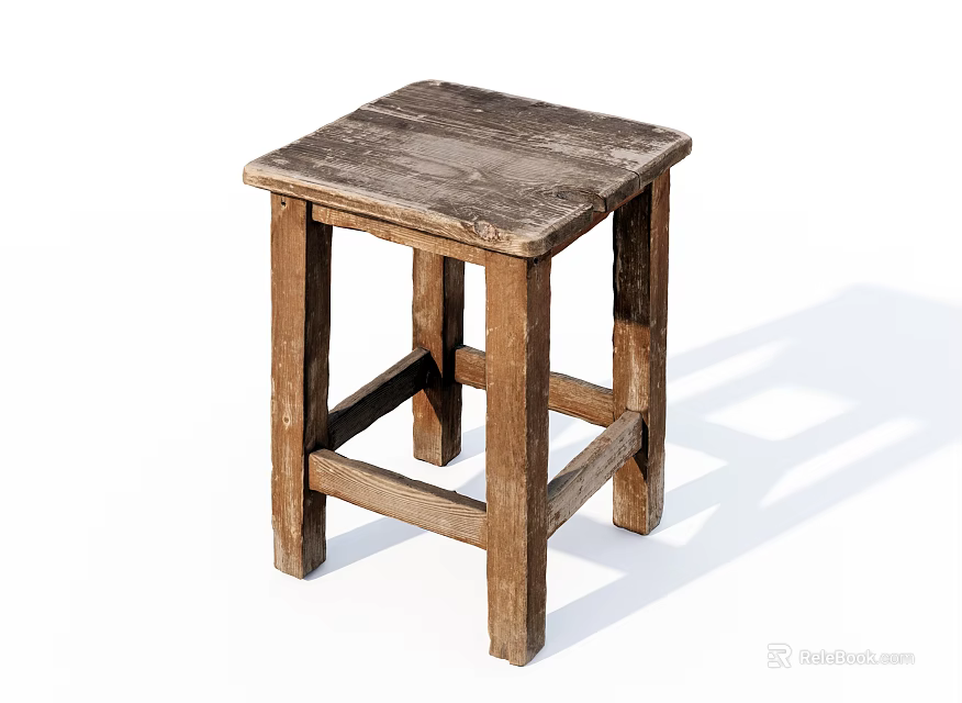 Rustic Wooden Stool With Square Seat And Four Legs Simple Design 3d model 