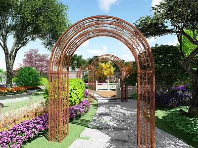 Beautiful Courtyard Garden With Metal Arch Trellis Stone Path Purple Flowers And Green Trees 3d model