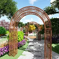 Beautiful Courtyard Garden With Metal Arch Trellis Stone Path Purple Flowers And Green Trees