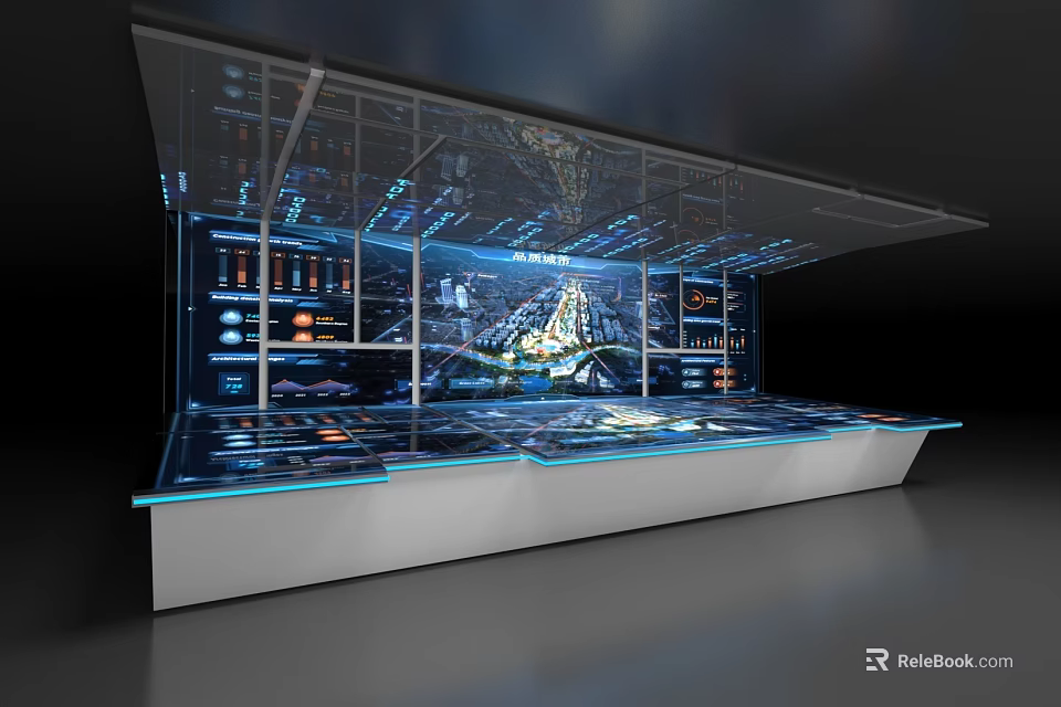 Hi tech Digital Display Platform With Illuminated Screens And Glass Structure 3d model