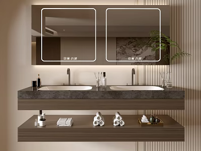 Modern Bathroom Vanity Cabinet With Double Sink Mirrors Storage Shelf And Toiletries 3d model