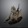 Vintage Wooden Sailing Ship Model With White Sails And Historical Design