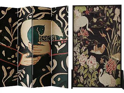 Decorative Oriental Room Divider Screen with Cranes Flowers and Bird Patterns 3d model