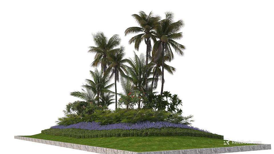 Road Traffic Island With Palm Trees Purple Flowers And Green Lawn Stone Border 3d model 