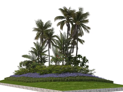 Road Traffic Island With Palm Trees Purple Flowers And Green Lawn Stone Border 3d model