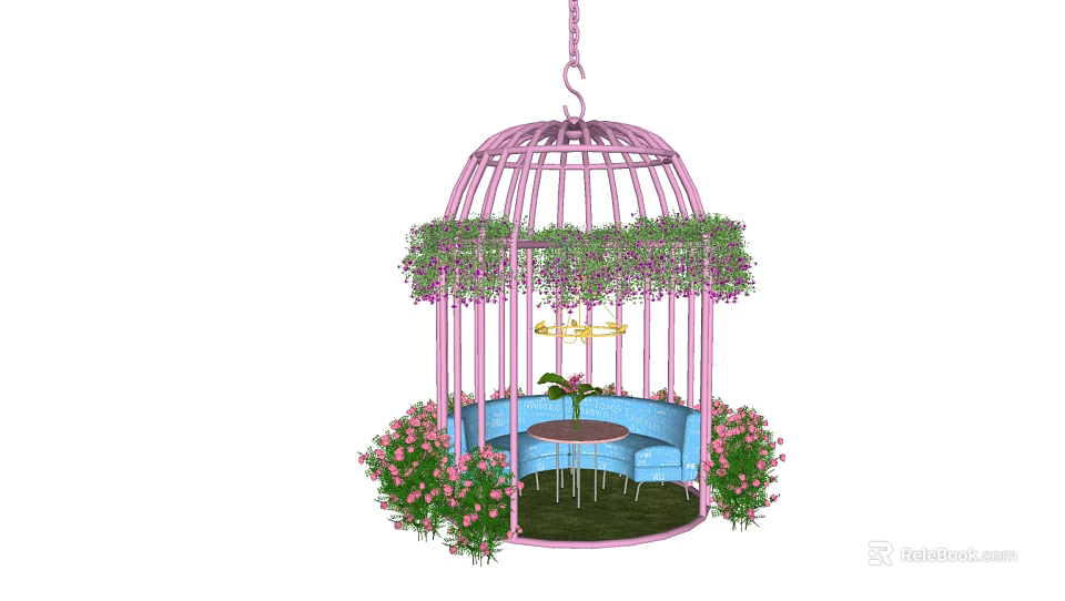 Pink Birdcage Shaped Public Chair Area With Green Plants And Pink Flowers 3d model 