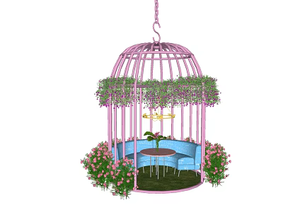 Pink Birdcage Shaped Public Chair Area With Green Plants And Pink Flowers 3d model