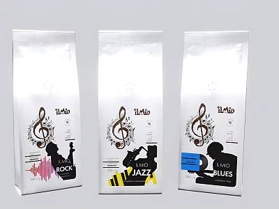 Decorative Ornament Set With Three Coffee Bags Music Note Designs ROCK JAZZ BLUES Themes 3d model