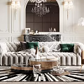 Elegant Modern Living Room Interior With Ornate Chandelier Velvet Sofa And Geometric Rug