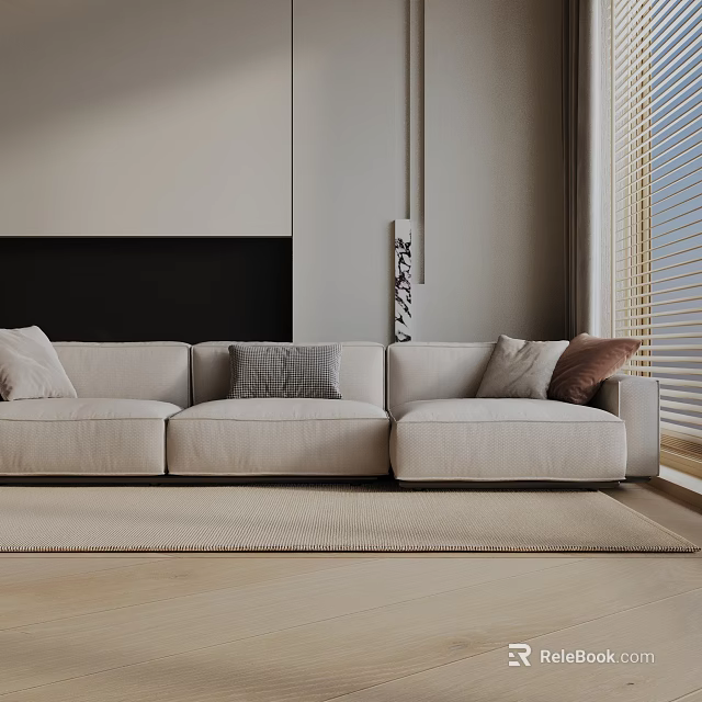 Modern Beige Three-Seater Sofa With Multiple Cushions In Living Room Wooden Floor And Blinds 3d model 