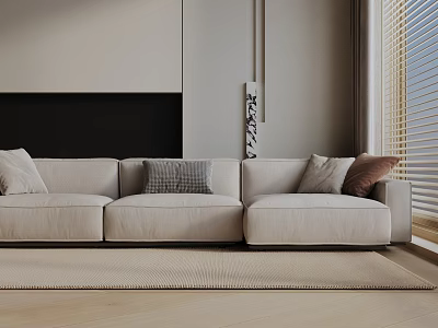 Modern Beige Three-Seater Sofa With Multiple Cushions In Living Room Wooden Floor And Blinds 3d model