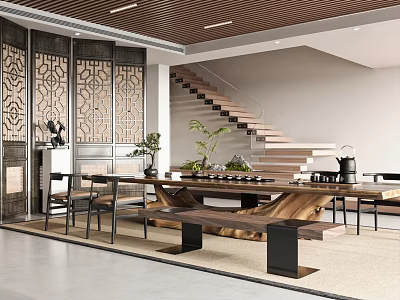 Modern Tea Room With Wooden Table Bench And Carved Screens 3d model