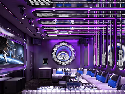 Futuristic Purple Lit Bar Interior Design With Circular Decor And Comfortable Sofas 3d model