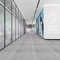 Modern Office Corridor Interior With Glass Partitions Gray Carpet Ceiling Lights And Wall Posters