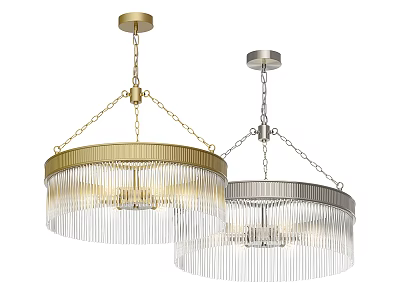 Modern Gold and Silver Chandeliers with Circular Metal Frames and Transparent Hanging Strands 3d model