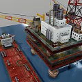Large Offshore Oil Drilling Platform With Yellow Crane Tower And Support Ship