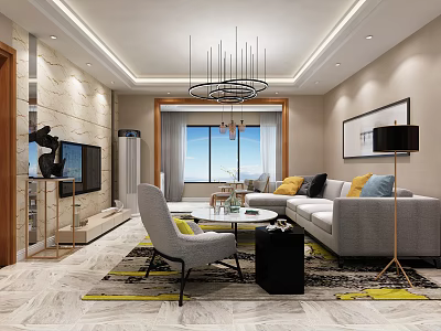 Modern Living Room Interior With Gray Sofa Multiple Pillows Round Coffee Table And Large Window 3d model