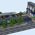 Modern Parking Lot With Two Story Building Blue Signage Parked Cars And Greenery