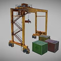 Yellow Industrial Gantry Crane With Rustic Metal Frame And Multicolored Containers Below