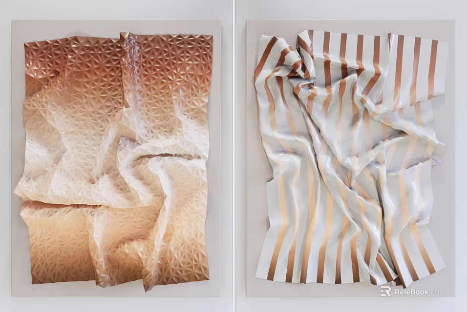Wrinkled Textured Wall Art With Brown Beige And White Orange Stripes 3d model 